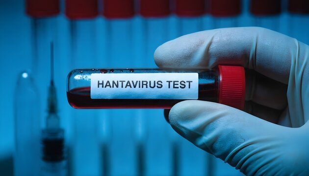 Hand in glove holding hantavirus test tube with red cap