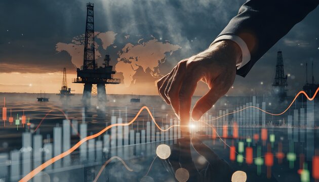 Hand interacting with financial charts overlaid on offshore oil rigs