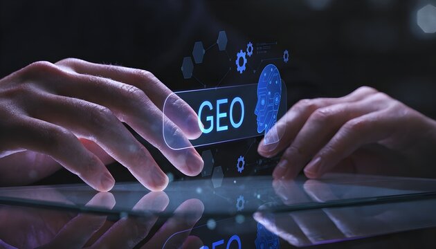 Hands interacting with a glowing digital interface displaying "geo" and a human head