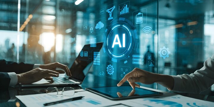 Hands interacting with ai interface on tablet and laptop in office