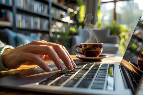 Hands typing on laptop keyboard with steaming coffee cup nearby