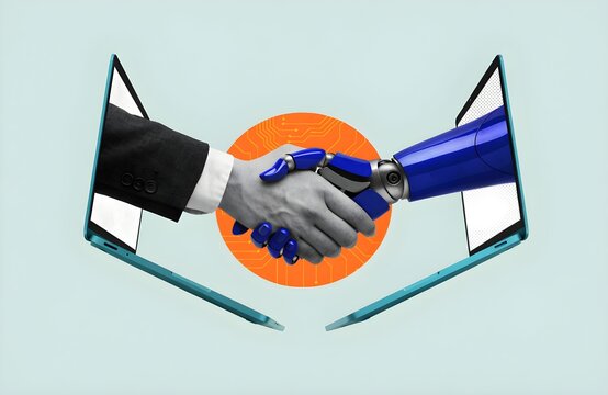 Human hand and robot arm shaking hands through laptop screens
