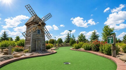 Fototapeta premium Miniature Golf Course with Rustic Windmill Obstacle on a Sunny Day.