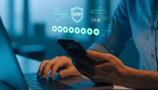 Person using smartphone and laptop with digital security interface