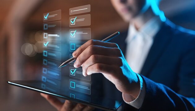 Person's hand using stylus on tablet with digital checklist
