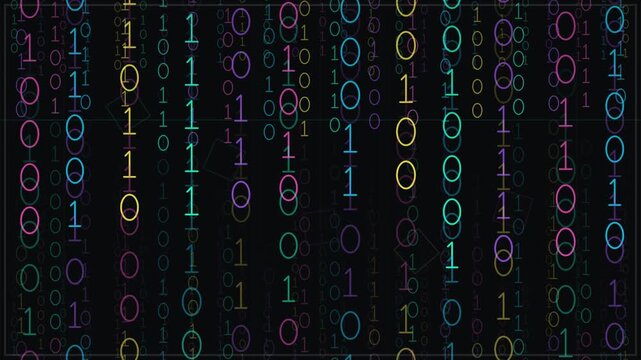 Multicolored binary code falling on a dark digital background