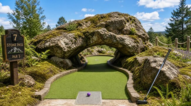 Miniature Golf Course Hole Seven with Stone Arch Obstacle.