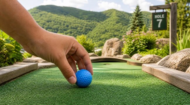 Person placing a blue ball on a miniature golf course hole seven.