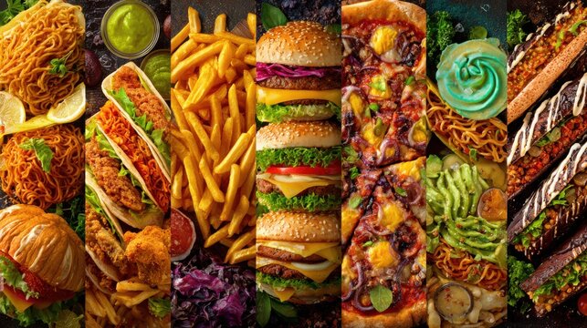 Collage of various delicious fast food items and snacks.