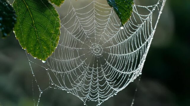 A delicate spiderweb covered in dew drops hangs on a green leaf with morning light illuminating its intricate design