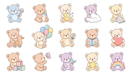 Obraz premium Cute Pastel Nursery Teddy Bear Icon Set with Baby Toys and Decorative Elements Isolated on White Background