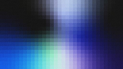 Obraz premium Abstract textured background with grainy noise effect, vertical grid layers and smooth color gradient. Features deep black, rich blue, cyan, mint‑green, pale lavender and violet tones.