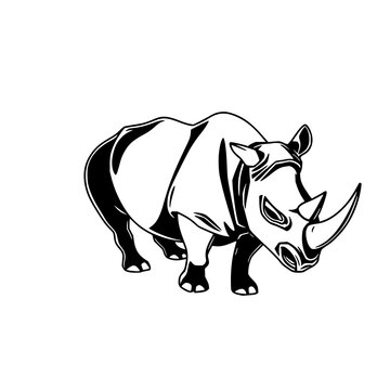 Rhinoceros black line art set with isolated animal illustration featuring single horn, thick outlines, and minimalist design