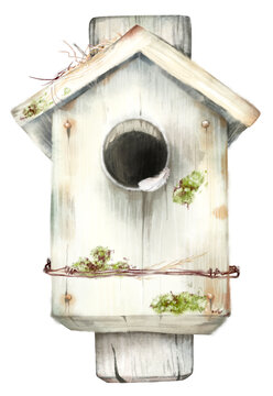 Watercolor hand drawn vintage illustration of birdhouse, old wood with moss, small white feather, isolated on white background. Rustic nesting box for garden, woodland decor