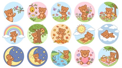 Obraz premium Cute Pastel Teddy Bear Nature Icons Collection with Forest and Garden Elements Isolated on White Background