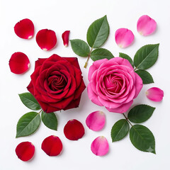 Naklejka premium Red and Pink Roses with Scattered Petals on White Background