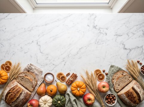 Autumn harvest on a marble countertop with bread, pumpkins, pears, apples, nuts, and dried oranges for thanksgiving with copy space