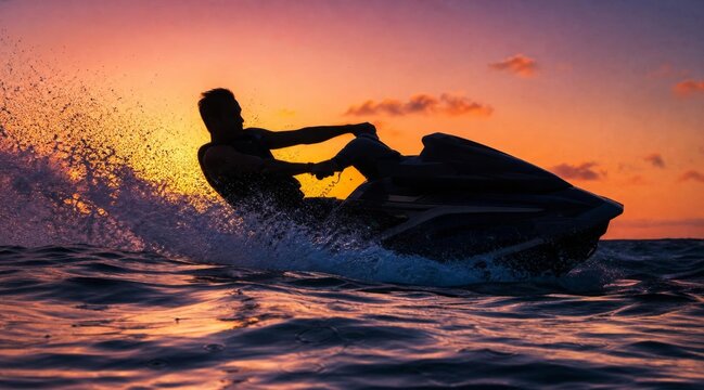 Silhouette of a man riding a jet ski at sunset over the ocean.