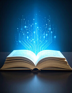 A physical textbook opening to reveal a glowing digital circuit board hidden inside the pages.