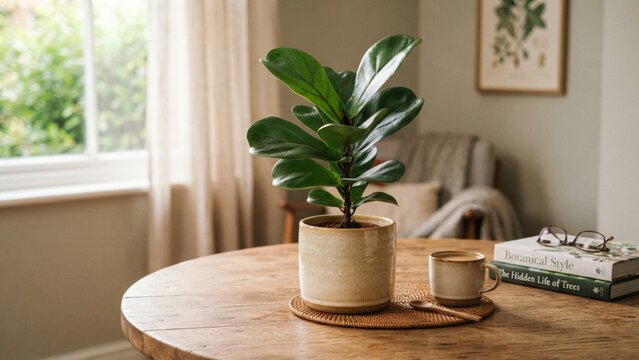 Fiddle Leaf Fig Potted Plant on a Wooden Living Room Table with Coffee and Books