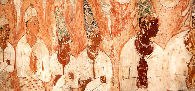 Antique 16th-century ceiling mural painting at Lepakshi Veerabhadra Temple, Andhra Pradesh, India. Heritage Vijayanagara style fresco depicting sacred Indian art, mythology, and craftsmanship.