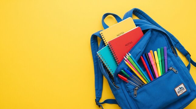 Blue school backpack with colorful stationery on yellow background, vibrant student rucksack with notebooks and pens, back to school concept with copy space