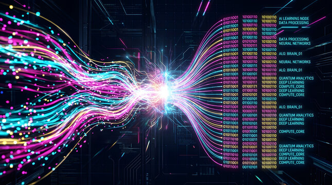 Data Fusion and Analysis: Abstract visualization of digital information streams, colorful light trails converging into a data processing and analysis interface.
