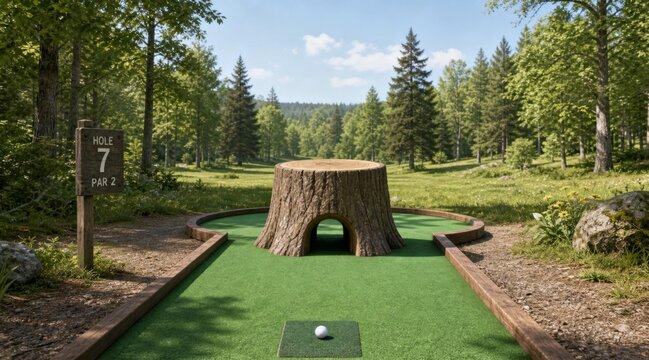 Miniature golf hole number seven in a forest setting.