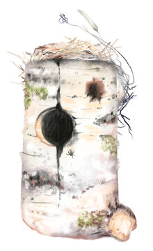 Watercolor hand drawn vintage illustration of natural birch log birdhouse, green moss, small hanging spider isolated on white background. Rustic nesting box for garden, woodland, forest, eco friendly