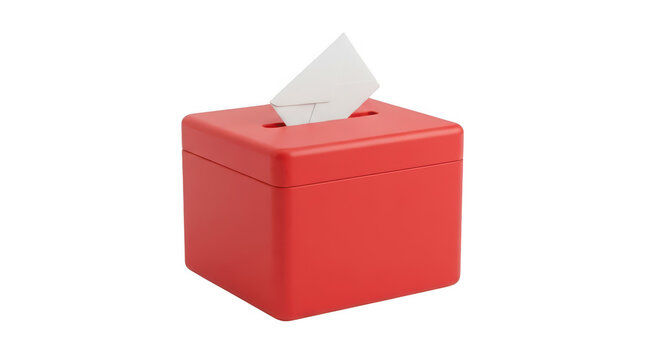 Red plastic ballot box with a white voting paper isolated on white isolated on transparent background