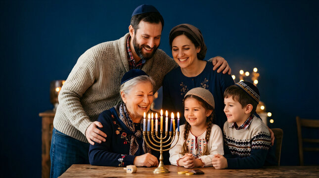 Family celebrating Hanukkah together with menorah and candles  