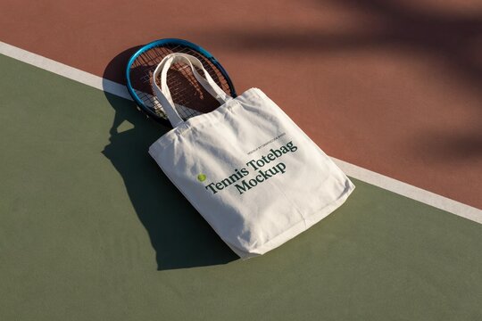 White canvas tote bag with tennis racket on colorful court surface, sports lifestyle accessory and branding concept, flat vector illustration