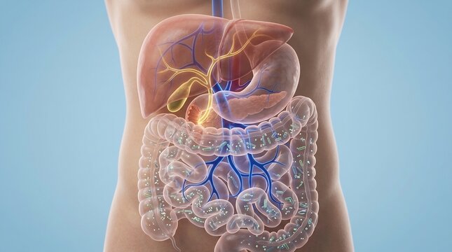3D Medical Illustration of the Human Digestive System Showing Liver, Intestines, and Pancreas in Torso