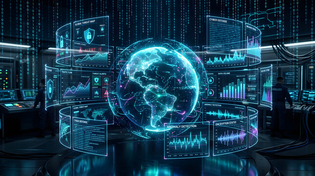 Futuristic Command Center: A sophisticated command center showcases a holographic globe surrounded by multiple screens displaying complex data and analytics.