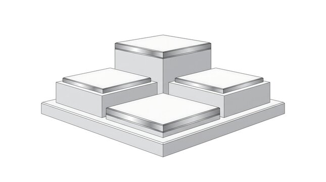 Minimalist 3D tiered white display podium with metallic silver accents for luxury product presentation on clean background