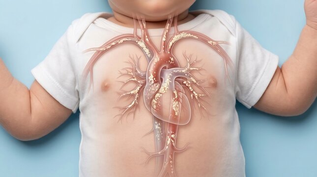 Medical illustration of an infant torso showing a cardiovascular system with calcified arterial deposits and heart anatomy