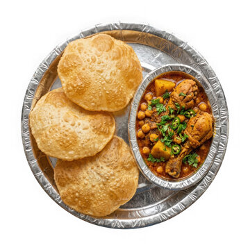 Indian chicken curry with fried puri bread isolated on transparent background