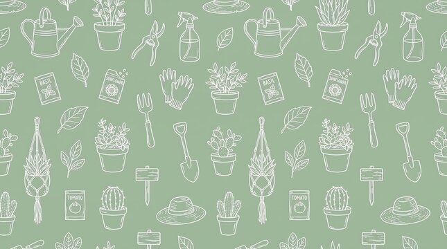 A charming hand-drawn illustration of various gardening tools and plants on a soft green background.
