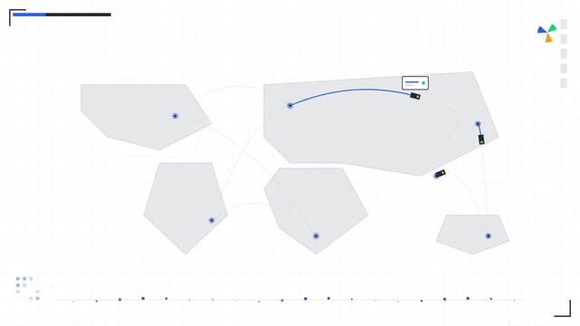 Digital world map with moving connection lines and data nodes