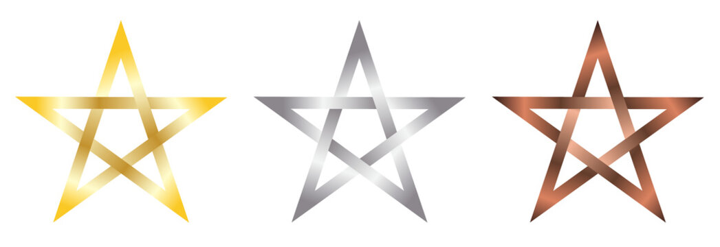 Metallic Five-Point Star Logo Set in Gold Silver and Copper Isolated on Transparent Background PNG