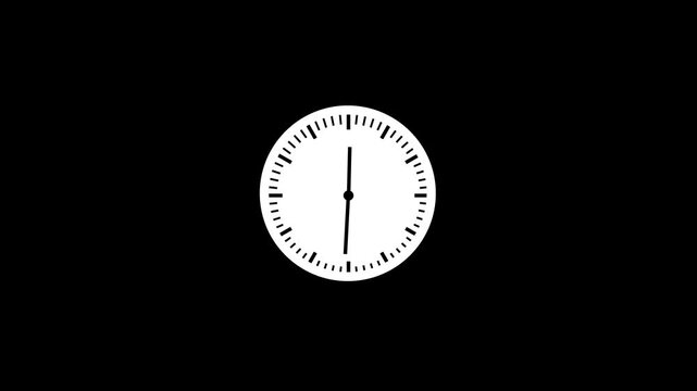 Minimalist analog clock face animation with fast spinning hands on black background, time watch timer