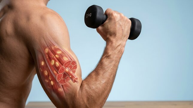 Adult man lifting a lightweight dumbbell with an anatomical view of bicep muscle fibers and cellular energy
