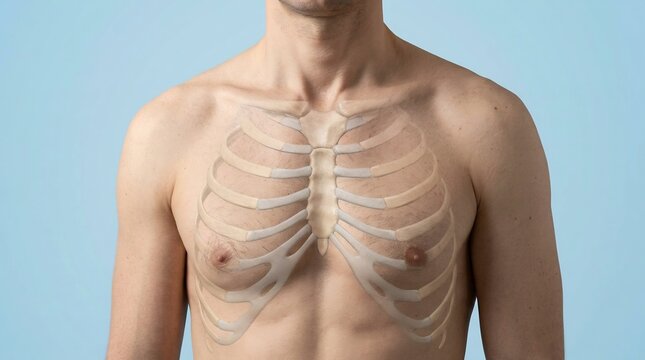 Human male chest with semi-transparent ribcage overlay showing protruding sternum for medical illustration