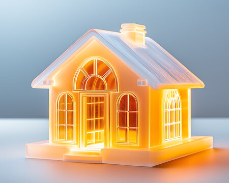 Dog house miniature minimal small glowing house model with warm interior light on plain surface against soft blue background
