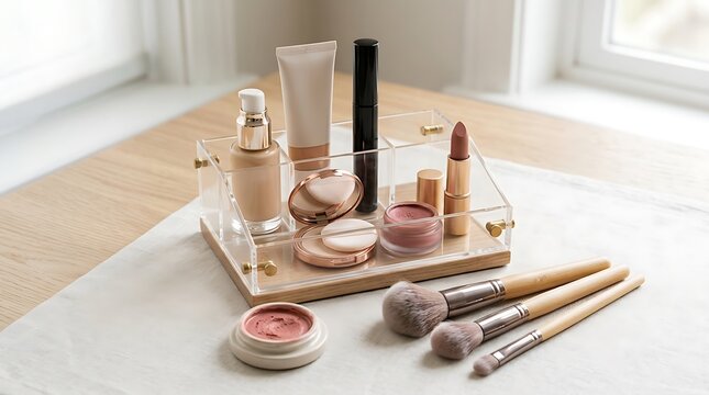 Set of various makeup products and cosmetic brushes arranged neatly on a wooden tray for beauty care. beginner makeup tips