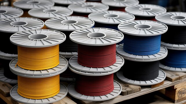 Colorful electrical cable reels in a warehouse factory