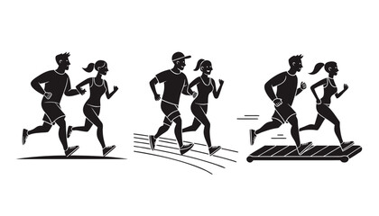 Obraz premium Vector silhouettes of a couple jogging, running on a track, and exercising on a treadmill