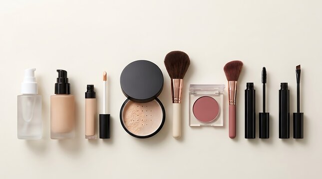 Set of professional makeup brushes with foundation concealer powder blush and mascara for beauty routine. beginner makeup tips