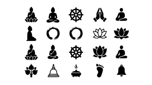 Collection of black and white buddhist icons featuring lotus flowers buddha statues and spiritual meditation symbols