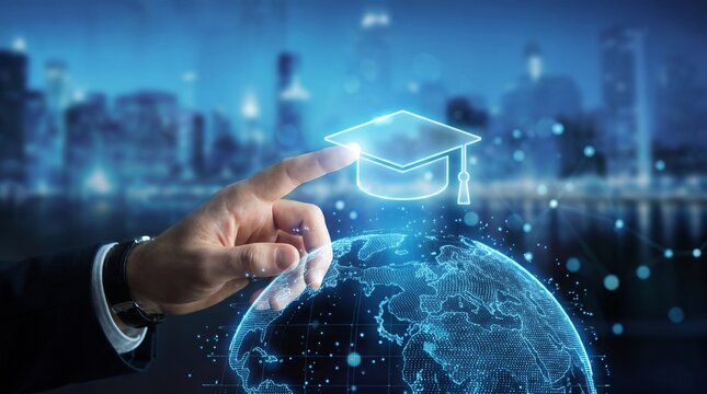  Hand Touching Digital Graduation Cap Above Glowing Blue Earth, Online Education, Global E Learning, University Technology, Virtual Classroom, Distance Learning and Future Knowledge Network Concept